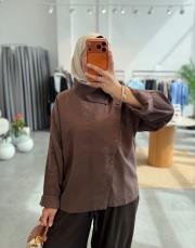 kahve asimetrik düğmeli gömlek