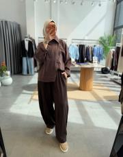 kahve asimetrik düğmeli gömlek 3