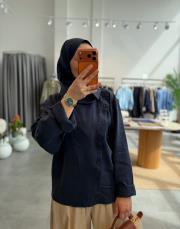 lacivert asimetrik düğmeli gömlek