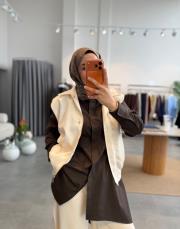 ekru fermuarlı vatkalı yelek