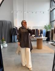 acı kahve asimetrik kesim gömlek