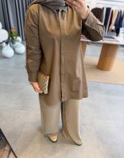 sütlü kahve asimetrik kesim gömlek 3