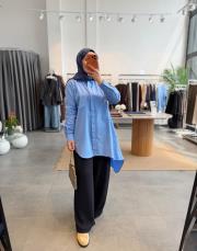 mavi asimetrik kesim gömlek
