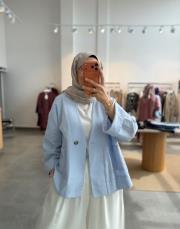 bebe mavisi tek düğmeli keten ceket
