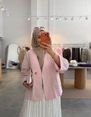 pembe tek düğmeli keten ceket