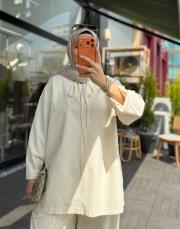 natural yaka bağlama detaylı keten tunik