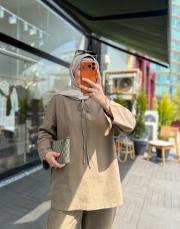 haki yaka bağlama detaylı keten tunik