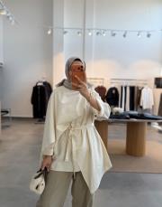 natural fular detaylı keten tunik