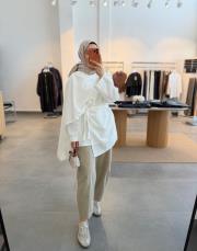 ekru fular detaylı keten tunik 2