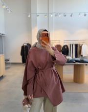 gül kurusu fular detaylı keten tunik