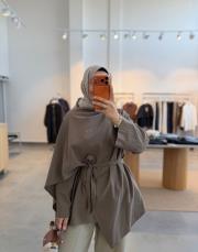 haki fular detaylı keten tunik
