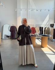 acı kahve birit detaylı oversize keten gömlek