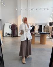 beyaz birit detaylı oversize keten gömlek