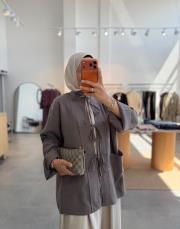 duman birit detaylı oversize keten gömlek