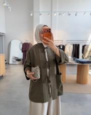 haki birit detaylı oversize keten gömlek