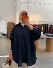 lacivert oversize keten gömlek