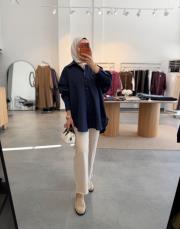 lacivert oversize keten gömlek 2