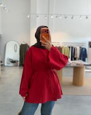 kırmızı yırtmaçlı keten tunik
