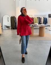 kırmızı yırtmaçlı keten tunik 2