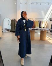 lacivert broşlu denim kimono