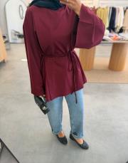 bordo yırtmaçlı kuşaklı tunik 4