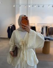 ekru nakış detaylı tül tensel tunik