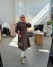 kahve fermuar detaylı twist tunik
