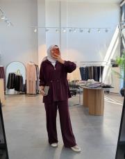 bordo beli büzgülü nervür detaylı takım