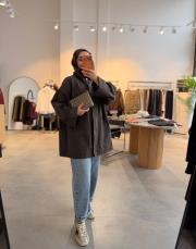 acı kahve 3557 dik yaka kuşak detaylı ceket