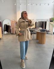 bej 3557 dik yaka kuşak detaylı ceket