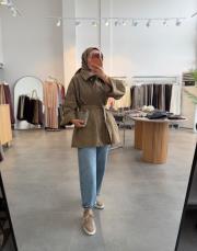 olive 3557 dik yaka kuşak detaylı ceket