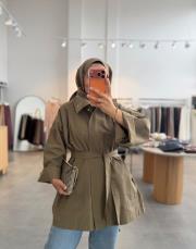 olive 3557 dik yaka kuşak detaylı ceket 3
