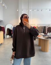 kahve yarım fermuar detaylı sweatshırt