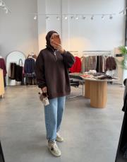 kahve yarım fermuar detaylı sweatshırt 2