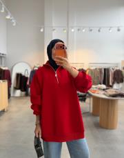 kırmızı yarım fermuar detaylı sweatshırt
