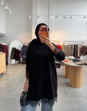 siyah 6137 etek ucu dantelli triko