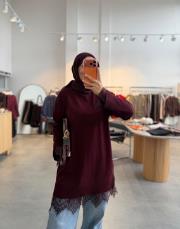 bordo 6137 etek ucu dantelli triko