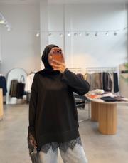 siyah 6122 kısa etek ucu dantelli triko