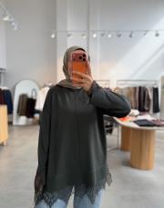 yeşil 6122 kısa etek ucu dantelli triko
