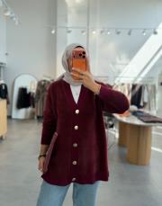 bordo 410 gold düğmeli angora hırka