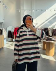 lacivert gömlek görünümlü çizgili sweatshirt