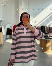 pembe gömlek görünümlü çizgili sweatshirt