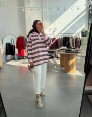 pembe gömlek görünümlü çizgili sweatshirt 2