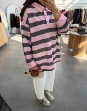 pembe gömlek görünümlü çizgili sweatshirt 3