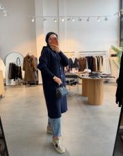 lacivert gold düğmeli uzun angora ceket 2