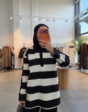 siyah 153 gömlek yaka çizgili sweatshirt