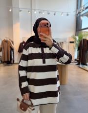 kahve 153 gömlek yaka çizgili sweatshirt