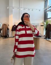 kırmızı 153 gömlek yaka çizgili sweatshirt