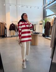 kırmızı 153 gömlek yaka çizgili sweatshirt 2