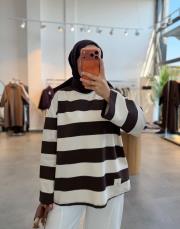 kahve 154 bisiklet yaka çizgili sweatshirt